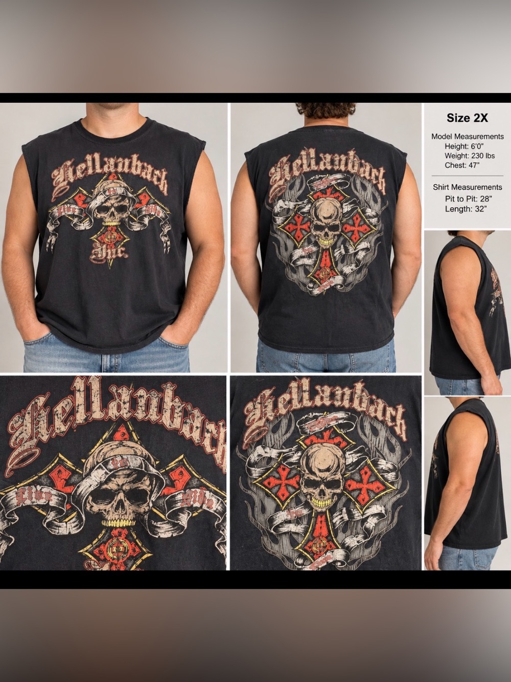 Hellanbach Skull Cross Graphic Black Sleeveless T-Shirt 2X Biker Gothic